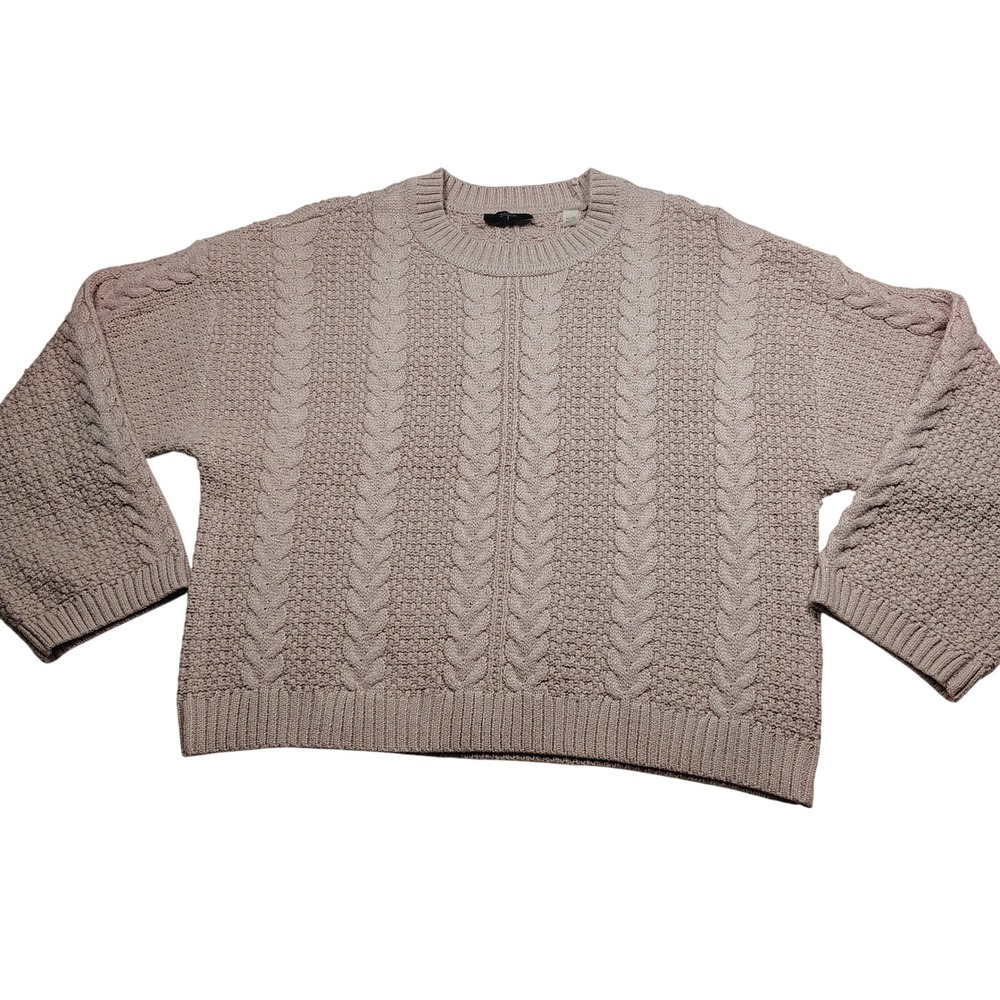 Tahari Women XL TG Pink Cable‎ Knit Sweater Long Sleeve Crew Neck